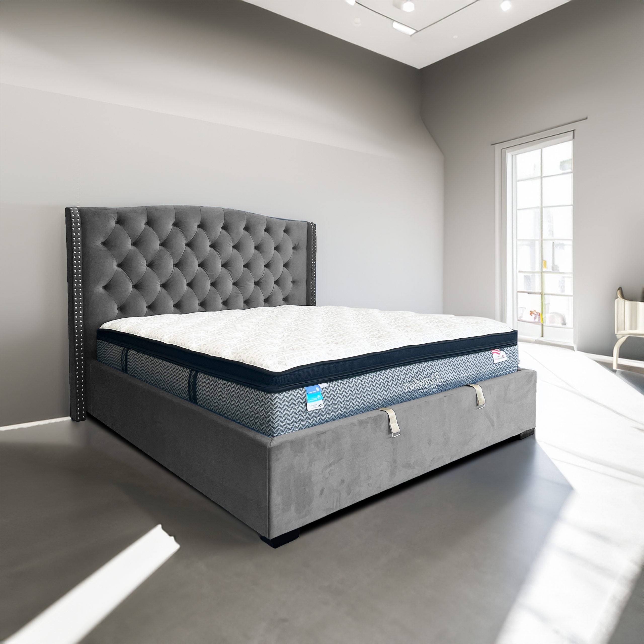 Georgia Grey Velvet Gaslift King Bed Georgia Grey Velvet Gaslift King Bed