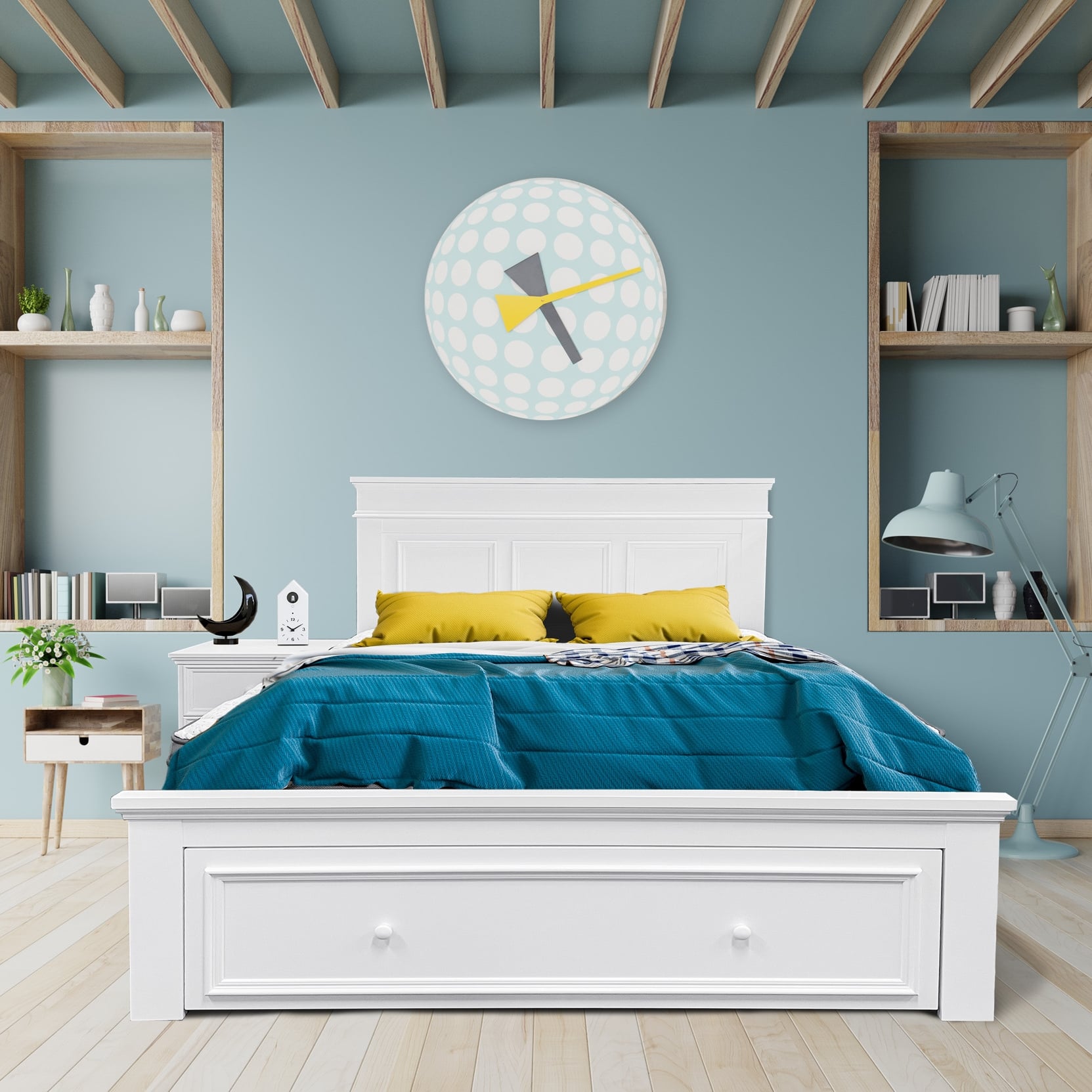 Living room design with sofa, table on blue wall and wood flooring.