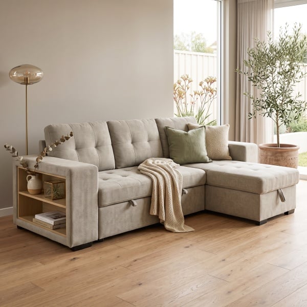 Cindy Taupe Fabric L-Shaped Sofa Bed with Reversible Chaise & Storage