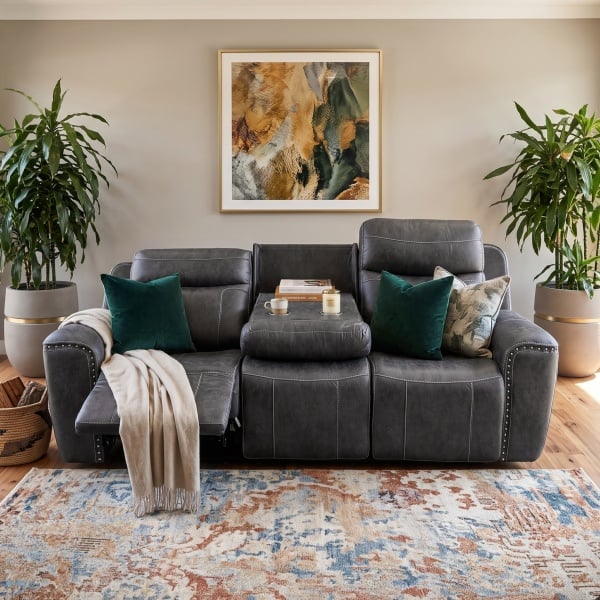 Noah Dark Grey Fabric Nailhead Trim Manual Recliner Sofa Collection - 3 Seats