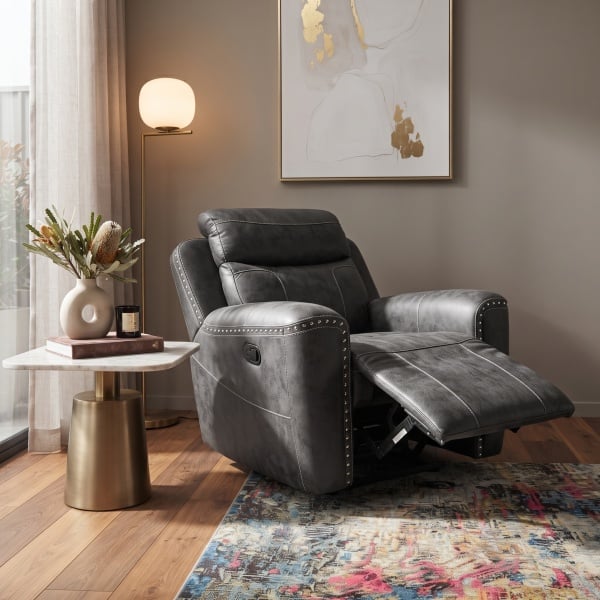 Noah Dark Grey Fabric Nailhead Trim Manual Recliner Sofa Collection - 1 Seat